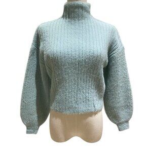 Prims Baby Blue Feather Knit Fuzzy Eyelash Sweater Turtleneck Pullover SZ S NEW